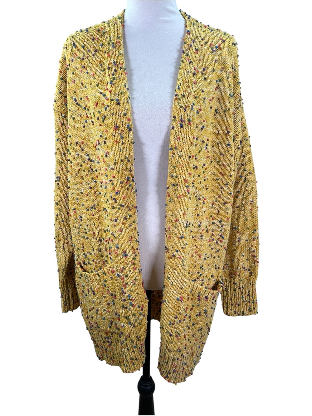 Blakeley Confetti Dot Cardigan OS Mustard Yellow Oversized Pockets Eclectic Cozy